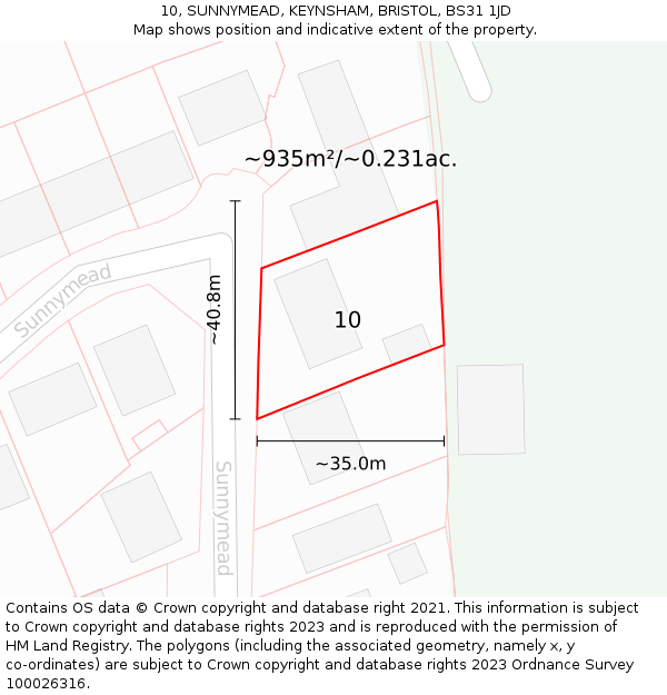 10, SUNNYMEAD, KEYNSHAM, BRISTOL, BS31 1JD: Plot and title map
