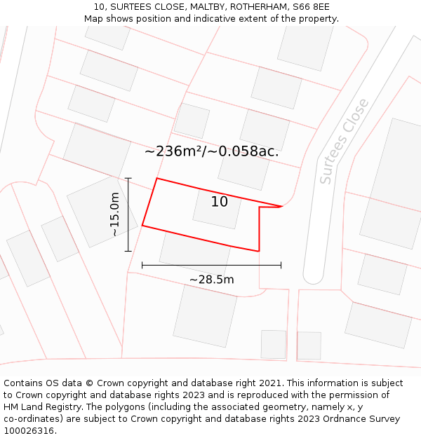 10, SURTEES CLOSE, MALTBY, ROTHERHAM, S66 8EE: Plot and title map