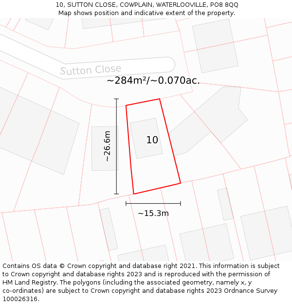 10, SUTTON CLOSE, COWPLAIN, WATERLOOVILLE, PO8 8QQ: Plot and title map