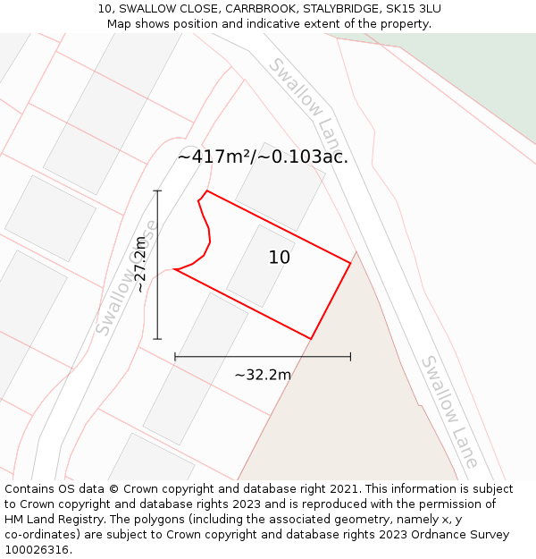 10, SWALLOW CLOSE, CARRBROOK, STALYBRIDGE, SK15 3LU: Plot and title map