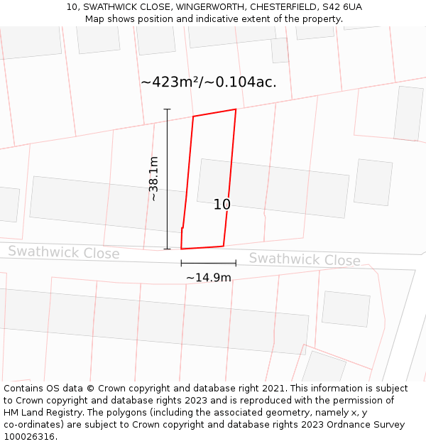 10, SWATHWICK CLOSE, WINGERWORTH, CHESTERFIELD, S42 6UA: Plot and title map
