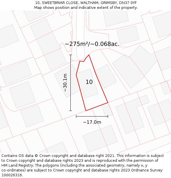 10, SWEETBRIAR CLOSE, WALTHAM, GRIMSBY, DN37 0YF: Plot and title map