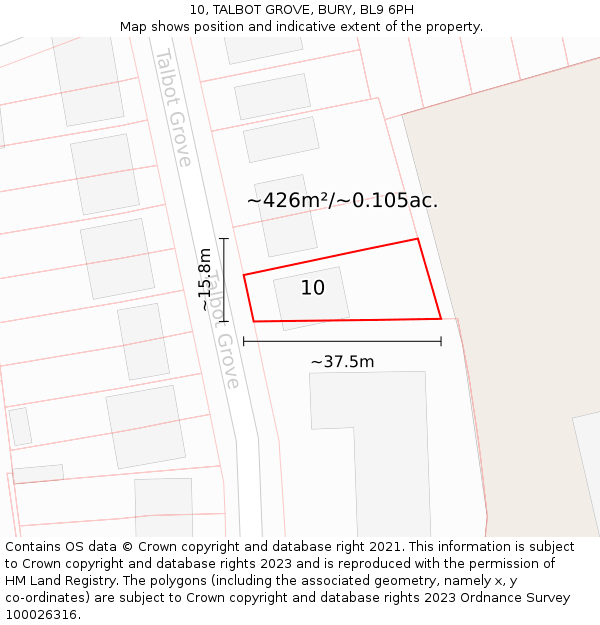 10, TALBOT GROVE, BURY, BL9 6PH: Plot and title map