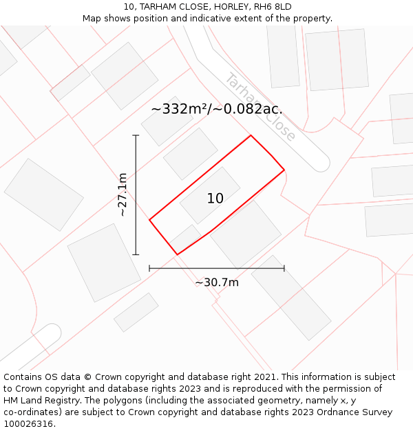 10, TARHAM CLOSE, HORLEY, RH6 8LD: Plot and title map