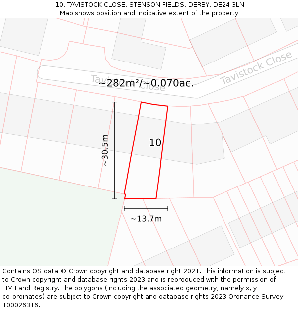 10, TAVISTOCK CLOSE, STENSON FIELDS, DERBY, DE24 3LN: Plot and title map