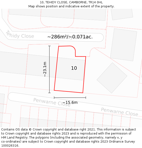 10, TEHIDY CLOSE, CAMBORNE, TR14 0HL: Plot and title map