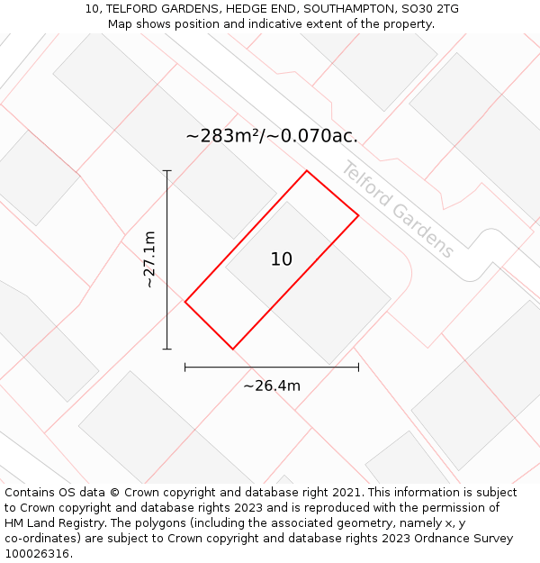 10, TELFORD GARDENS, HEDGE END, SOUTHAMPTON, SO30 2TG: Plot and title map
