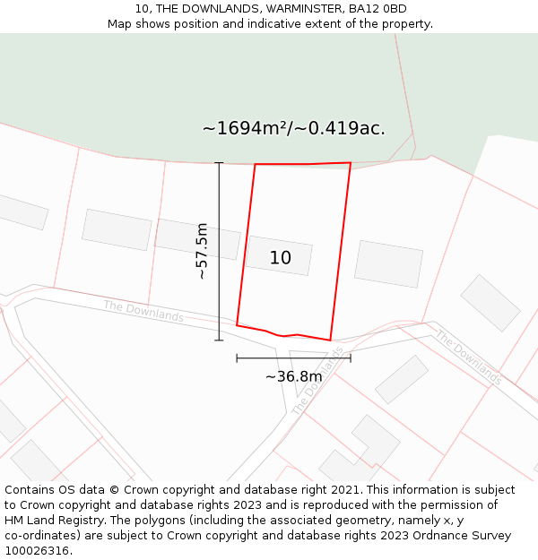 10, THE DOWNLANDS, WARMINSTER, BA12 0BD: Plot and title map