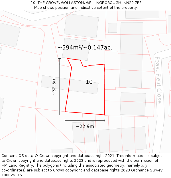 10, THE GROVE, WOLLASTON, WELLINGBOROUGH, NN29 7RF: Plot and title map