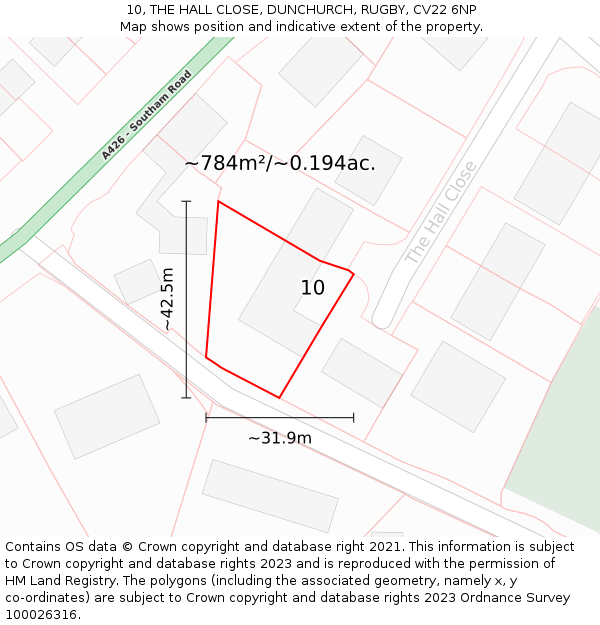 10, THE HALL CLOSE, DUNCHURCH, RUGBY, CV22 6NP: Plot and title map