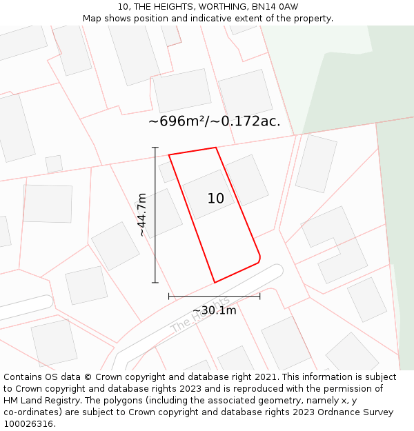 10, THE HEIGHTS, WORTHING, BN14 0AW: Plot and title map