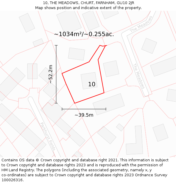 10, THE MEADOWS, CHURT, FARNHAM, GU10 2JR: Plot and title map