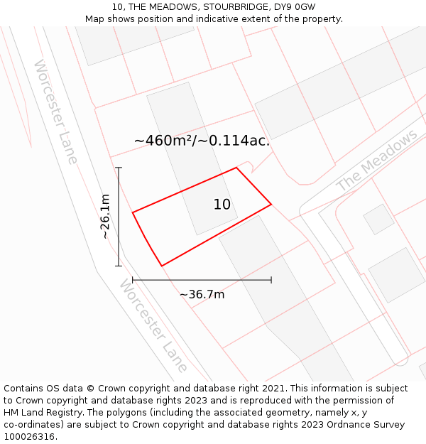 10, THE MEADOWS, STOURBRIDGE, DY9 0GW: Plot and title map