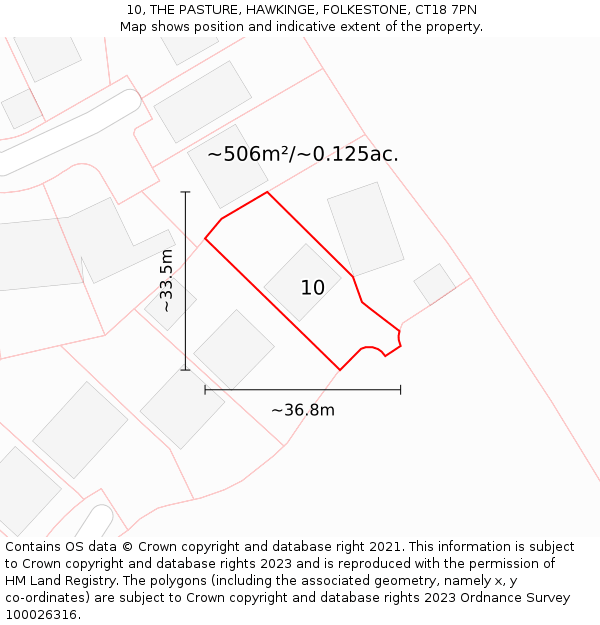 10, THE PASTURE, HAWKINGE, FOLKESTONE, CT18 7PN: Plot and title map