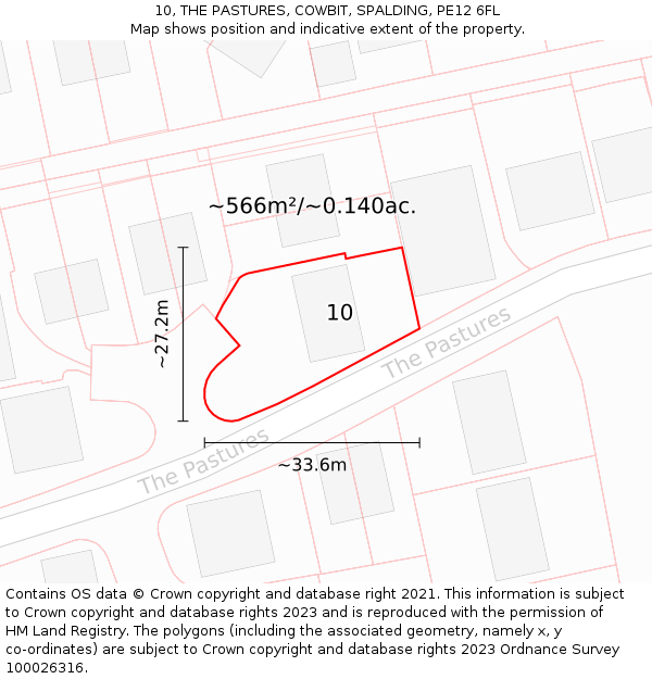 10, THE PASTURES, COWBIT, SPALDING, PE12 6FL: Plot and title map