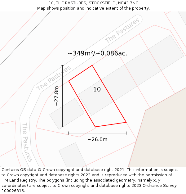 10, THE PASTURES, STOCKSFIELD, NE43 7NG: Plot and title map