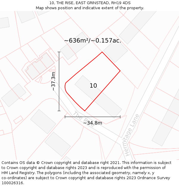 10, THE RISE, EAST GRINSTEAD, RH19 4DS: Plot and title map