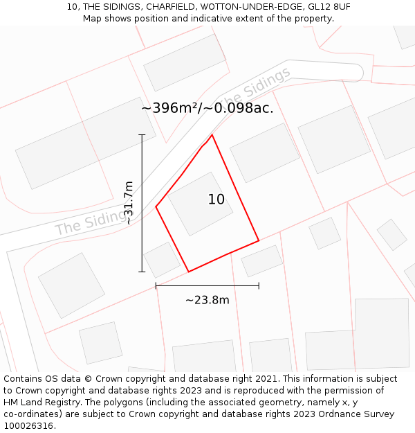 10, THE SIDINGS, CHARFIELD, WOTTON-UNDER-EDGE, GL12 8UF: Plot and title map