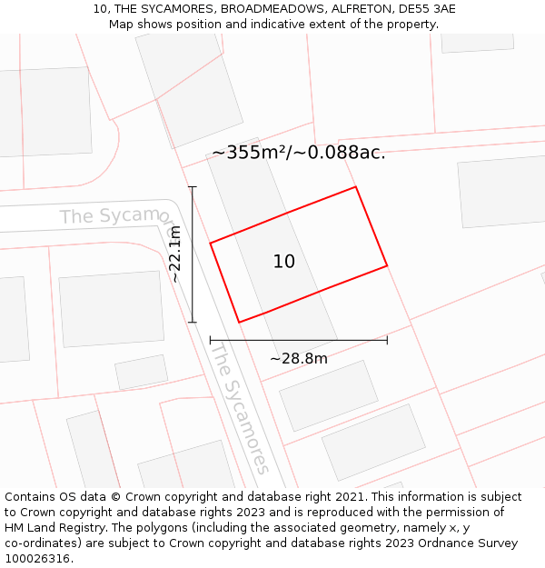 10, THE SYCAMORES, BROADMEADOWS, ALFRETON, DE55 3AE: Plot and title map