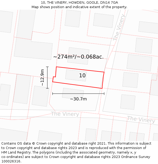 10, THE VINERY, HOWDEN, GOOLE, DN14 7GA: Plot and title map