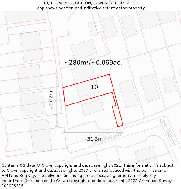 10, THE WEALD, OULTON, LOWESTOFT, NR32 3HN: Plot and title map