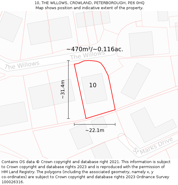 10, THE WILLOWS, CROWLAND, PETERBOROUGH, PE6 0HQ: Plot and title map