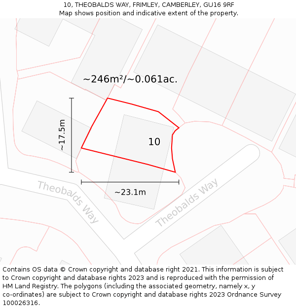 10, THEOBALDS WAY, FRIMLEY, CAMBERLEY, GU16 9RF: Plot and title map