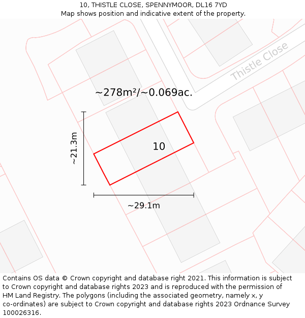 10, THISTLE CLOSE, SPENNYMOOR, DL16 7YD: Plot and title map