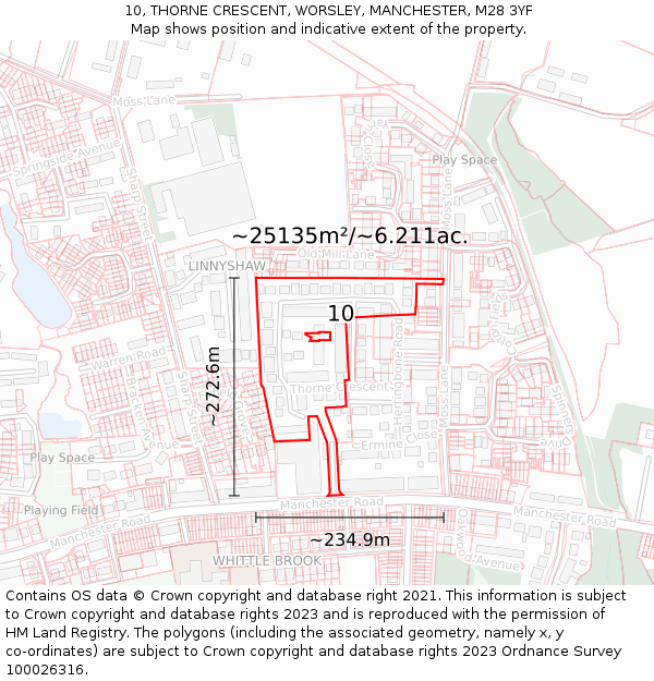 10, THORNE CRESCENT, WORSLEY, MANCHESTER, M28 3YF: Plot and title map