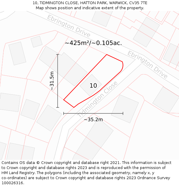 10, TIDMINGTON CLOSE, HATTON PARK, WARWICK, CV35 7TE: Plot and title map
