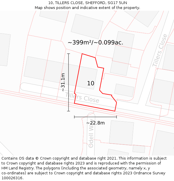10, TILLERS CLOSE, SHEFFORD, SG17 5UN: Plot and title map