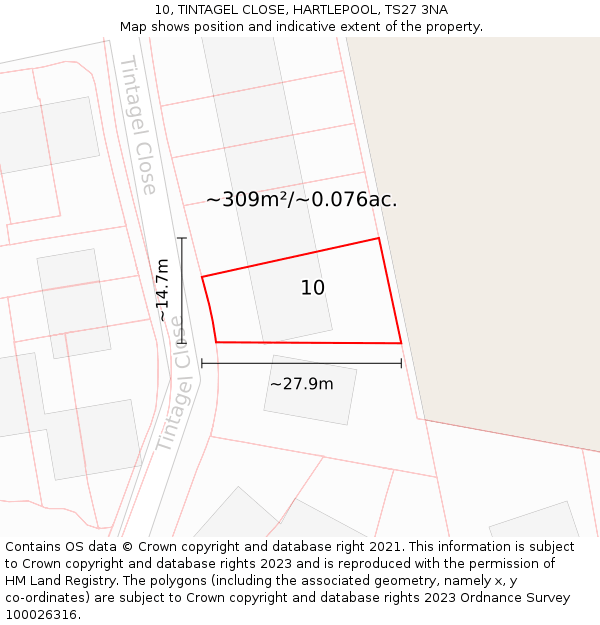 10, TINTAGEL CLOSE, HARTLEPOOL, TS27 3NA: Plot and title map