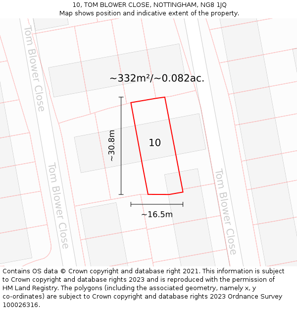 10, TOM BLOWER CLOSE, NOTTINGHAM, NG8 1JQ: Plot and title map