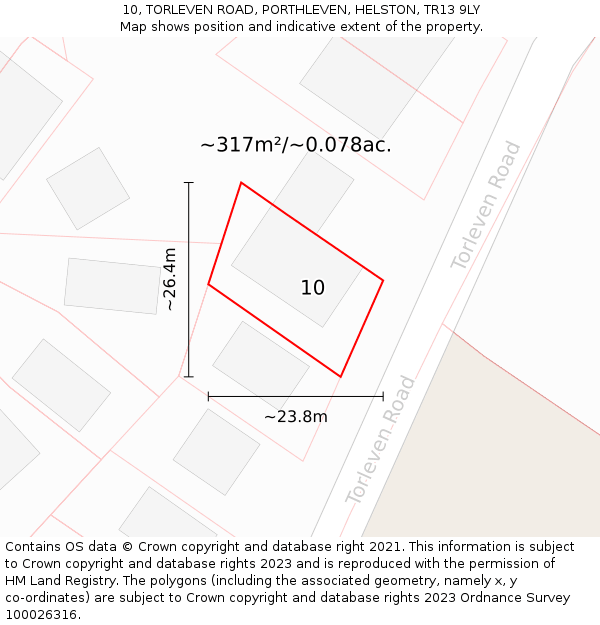 10, TORLEVEN ROAD, PORTHLEVEN, HELSTON, TR13 9LY: Plot and title map