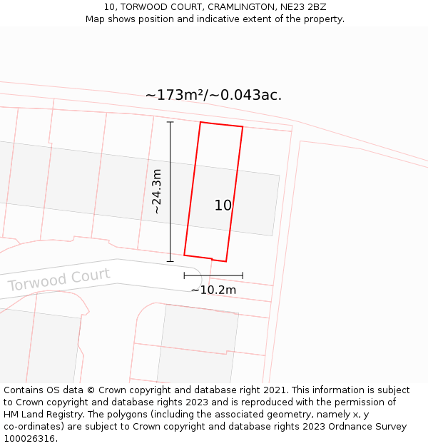 10, TORWOOD COURT, CRAMLINGTON, NE23 2BZ: Plot and title map