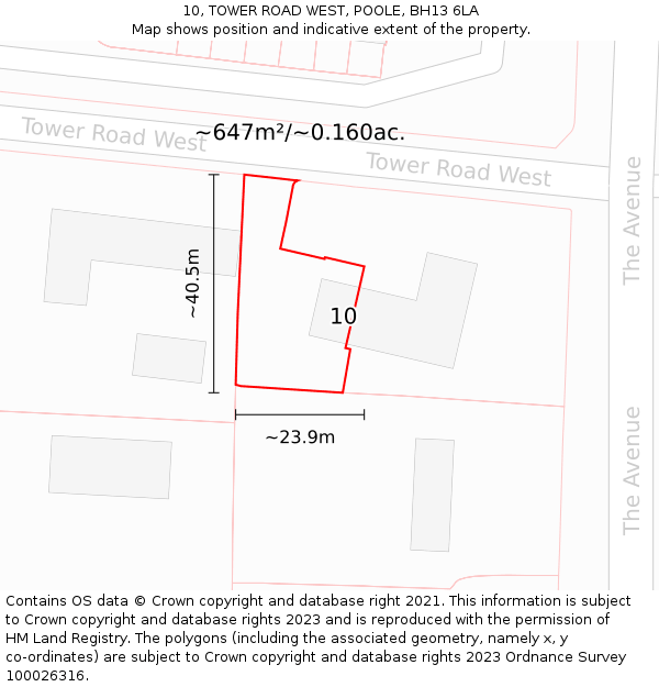 10, TOWER ROAD WEST, POOLE, BH13 6LA: Plot and title map