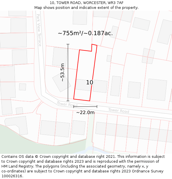 10, TOWER ROAD, WORCESTER, WR3 7AF: Plot and title map