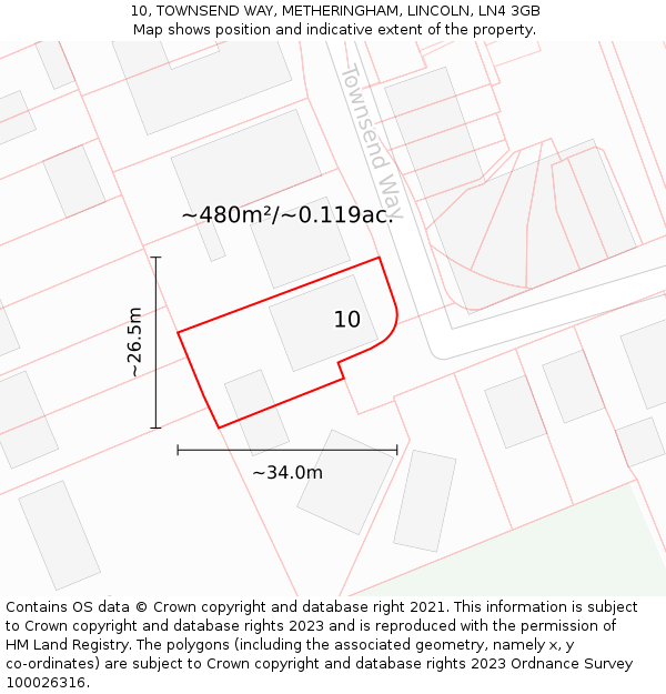 10, TOWNSEND WAY, METHERINGHAM, LINCOLN, LN4 3GB: Plot and title map