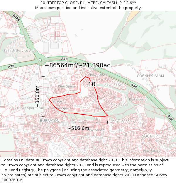 10, TREETOP CLOSE, PILLMERE, SALTASH, PL12 6YY: Plot and title map