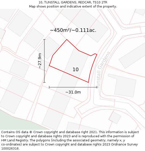 10, TUNSTALL GARDENS, REDCAR, TS10 2TR: Plot and title map