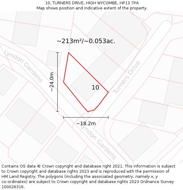 10, TURNERS DRIVE, HIGH WYCOMBE, HP13 7PA: Plot and title map