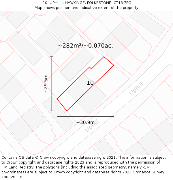 10, UPHILL, HAWKINGE, FOLKESTONE, CT18 7FG: Plot and title map