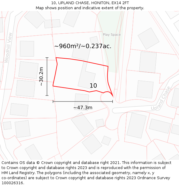 10, UPLAND CHASE, HONITON, EX14 2FT: Plot and title map