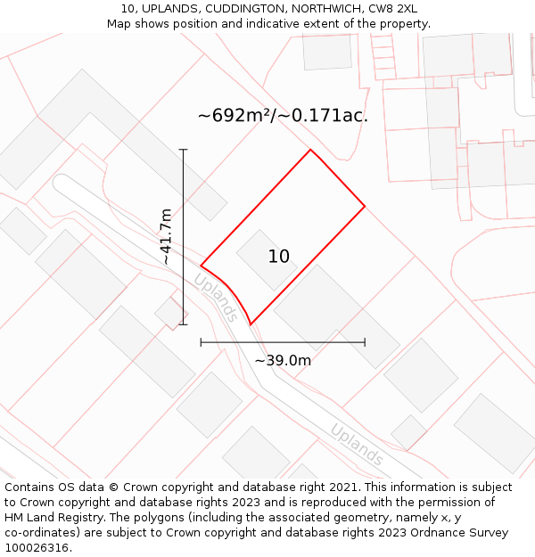 10, UPLANDS, CUDDINGTON, NORTHWICH, CW8 2XL: Plot and title map