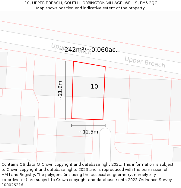 10, UPPER BREACH, SOUTH HORRINGTON VILLAGE, WELLS, BA5 3QG: Plot and title map