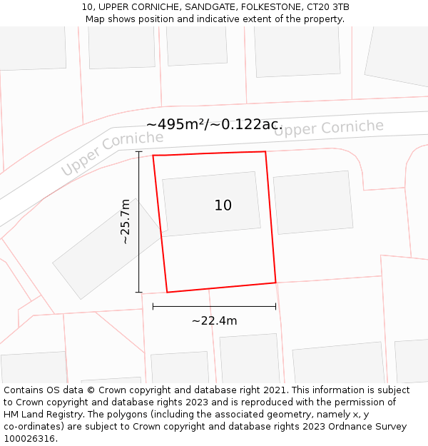 10, UPPER CORNICHE, SANDGATE, FOLKESTONE, CT20 3TB: Plot and title map