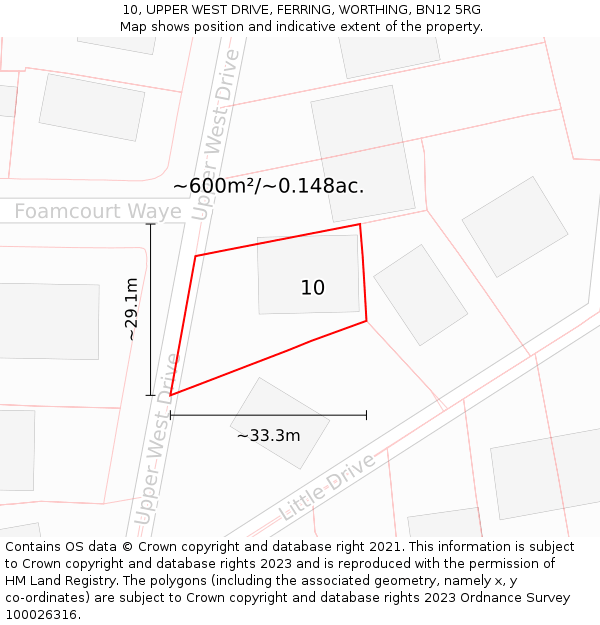 10, UPPER WEST DRIVE, FERRING, WORTHING, BN12 5RG: Plot and title map