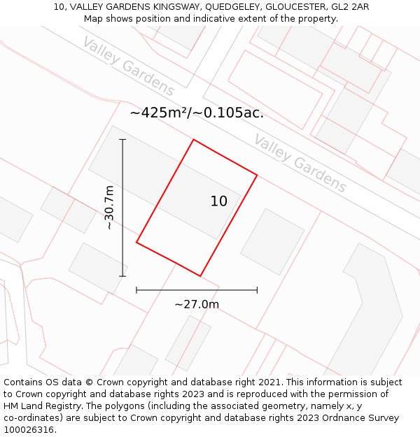 10, VALLEY GARDENS KINGSWAY, QUEDGELEY, GLOUCESTER, GL2 2AR: Plot and title map