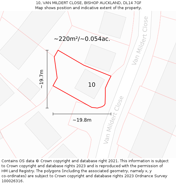 10, VAN MILDERT CLOSE, BISHOP AUCKLAND, DL14 7GF: Plot and title map