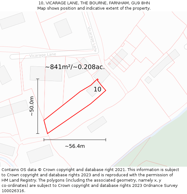 10, VICARAGE LANE, THE BOURNE, FARNHAM, GU9 8HN: Plot and title map
